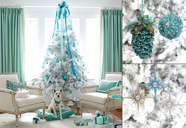 White-Christmas-tree-decorations-with-blue-ornament